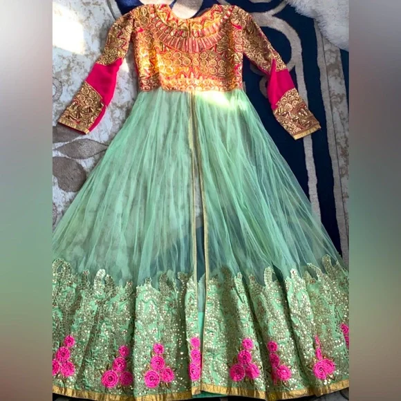 green emerald velvet dress Beautiful Indian mehndi lehnga in pink and green color # B3311 main image 0